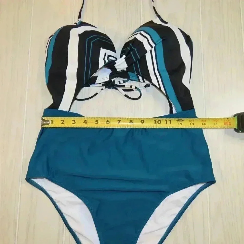 Stripe Cutout Halter Twist One Piece Swimsuit Women Size L - Picture 6 of 7